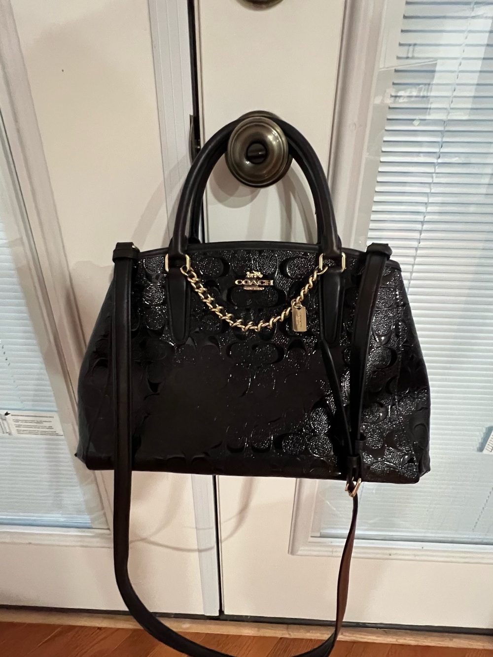 Coach Black Patent Signature Satchel with Gold Chain